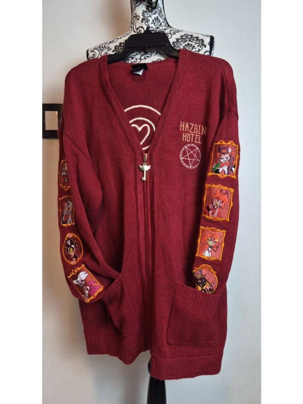 Hazbin Hotel Cardigan Sweater XL Embroidered Zip Up Characters Pentagram